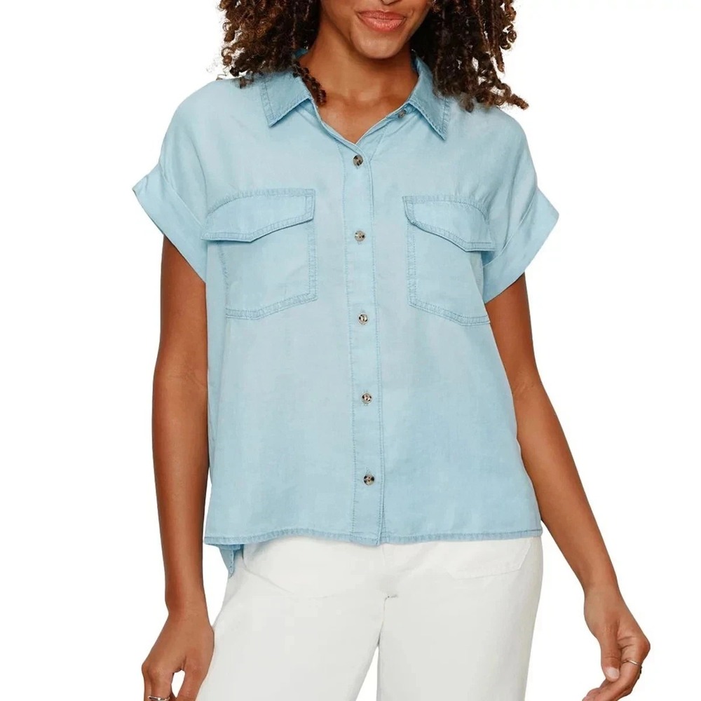 Sanctuary Women's Short Sleeve Button Front Shirt, Daydream (Blue), Small, New